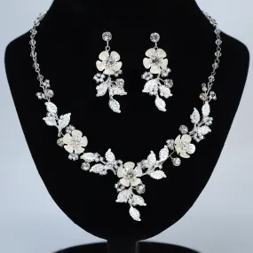 Swarovski Crystal Silver Floral Necklace set , Long Bridal Jewelry Crystal Flower Necklace Bridal Earrings Statement Earrings