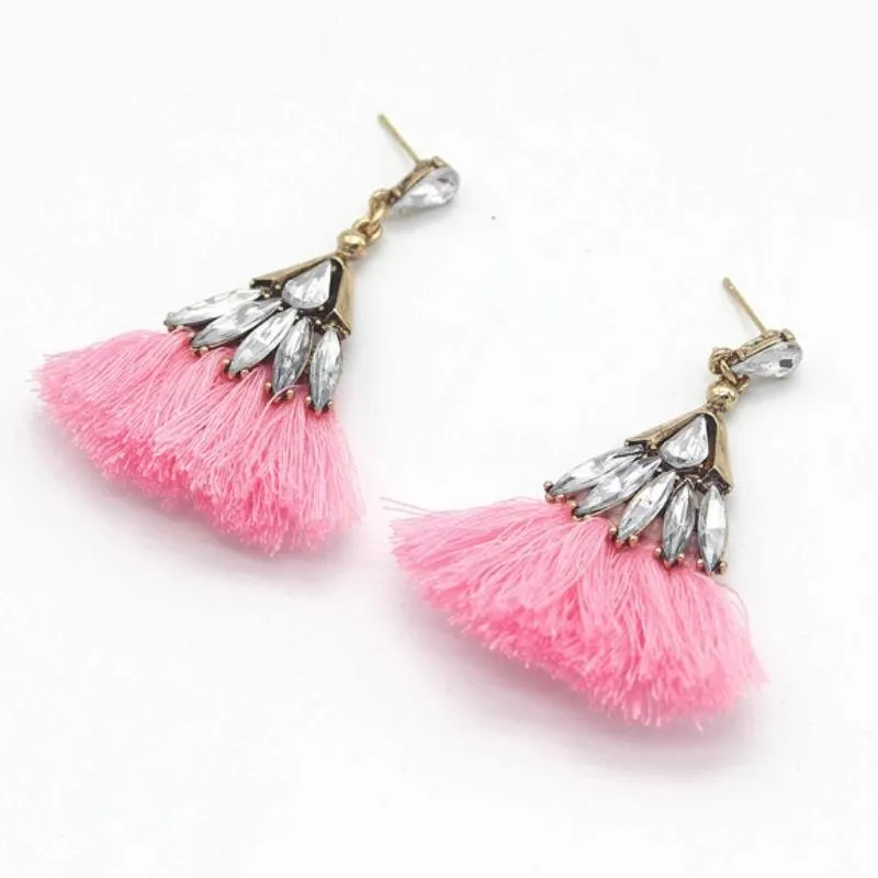 Trixy Tassels Rhinestone and Pink Tassel Earrings