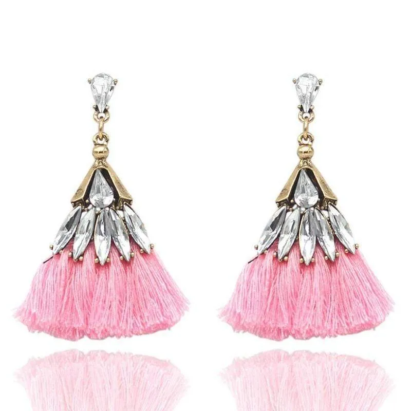 Trixy Tassels Rhinestone and Pink Tassel Earrings