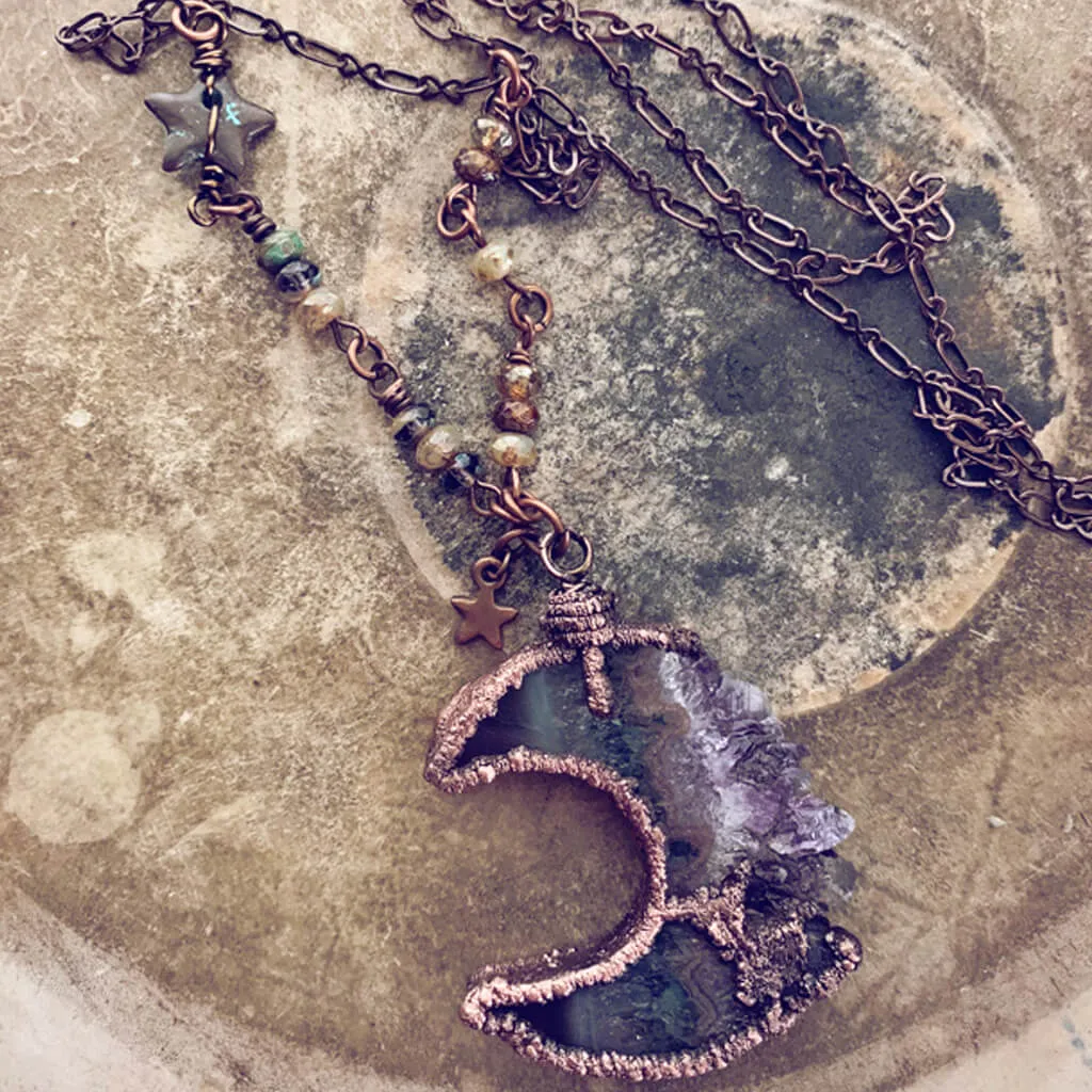 Under an Amethyst Moon // copper electroformed crescent moon amethyst slice bohemian necklace