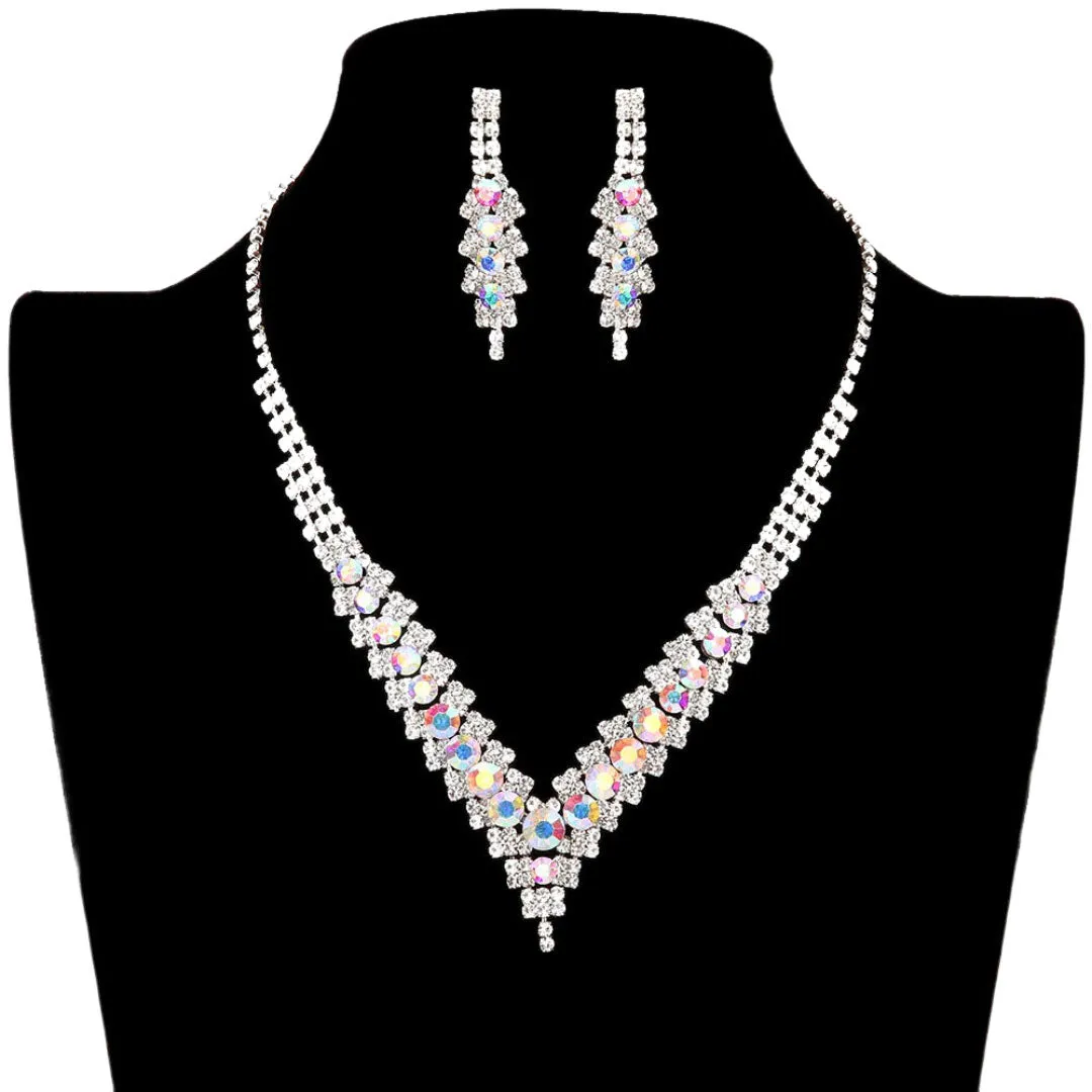 V-Neck Collar Rhinestone Necklace Earring Set