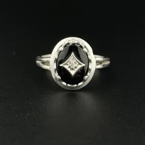 Vintage Art Deco 10K White Gold Black Onyx Diamond Ring, Sz 6 1/4