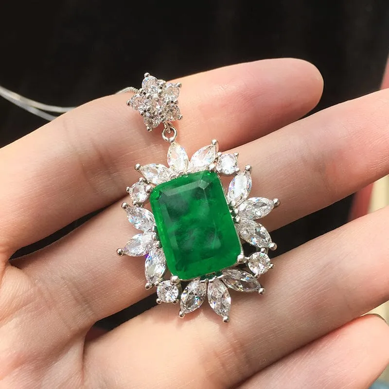 Vintage Emerald With Star Zircon Necklace - 925 Silver Chain