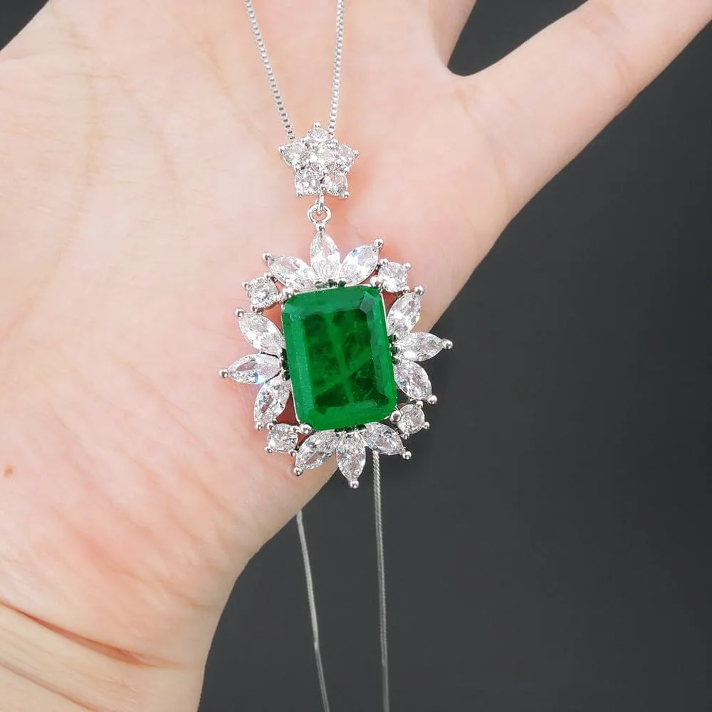 Vintage Emerald With Star Zircon Necklace - 925 Silver Chain