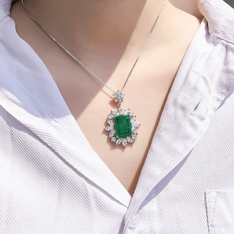 Vintage Emerald With Star Zircon Necklace - 925 Silver Chain