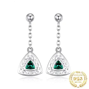 Vintage Triangle Emerald Drop Earrings - 925 Sterling Silver