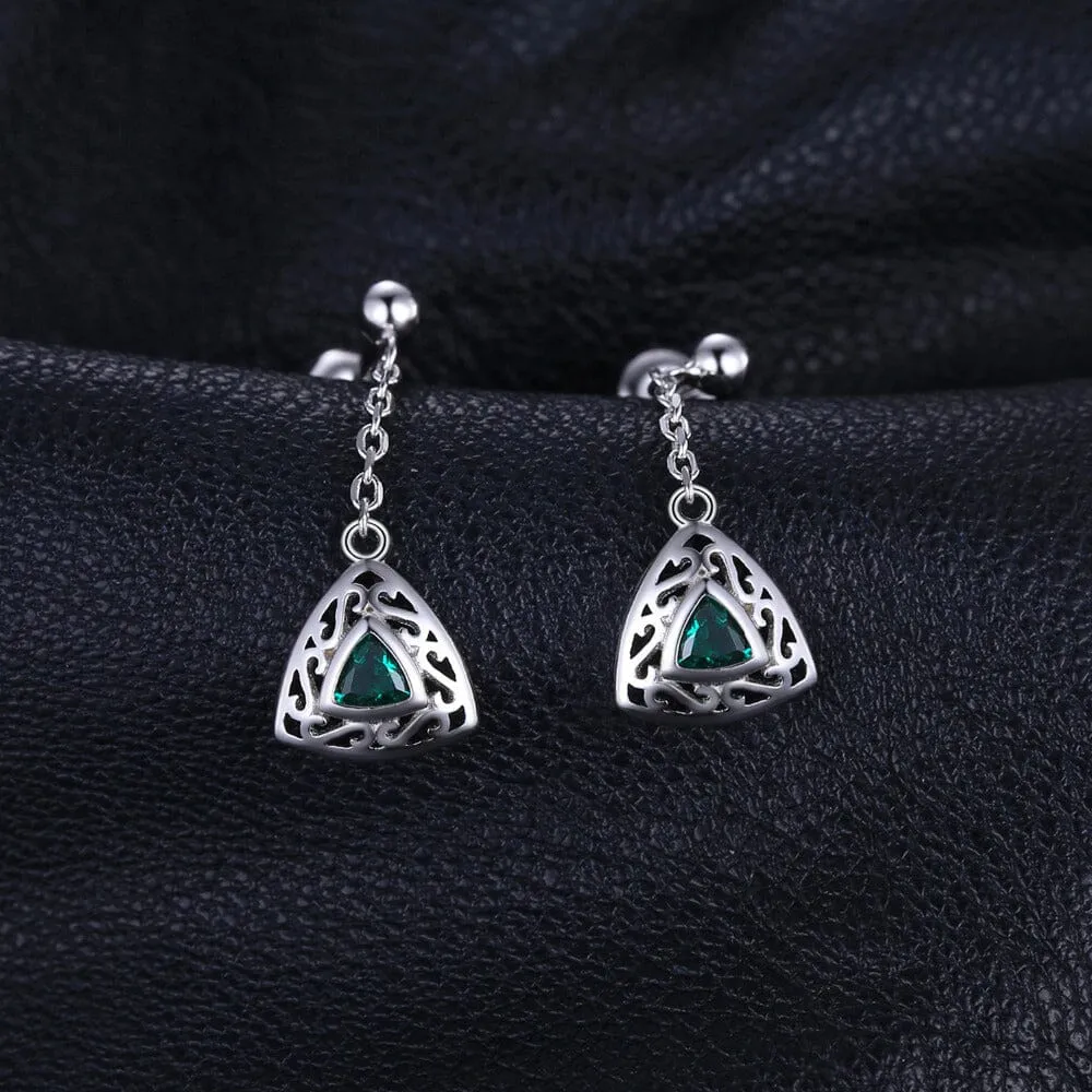 Vintage Triangle Emerald Drop Earrings - 925 Sterling Silver