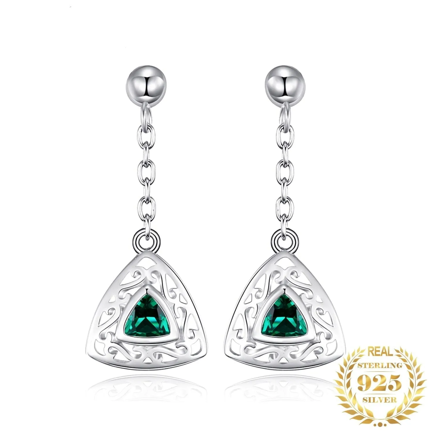 Vintage Triangle Emerald Drop Earrings - 925 Sterling Silver