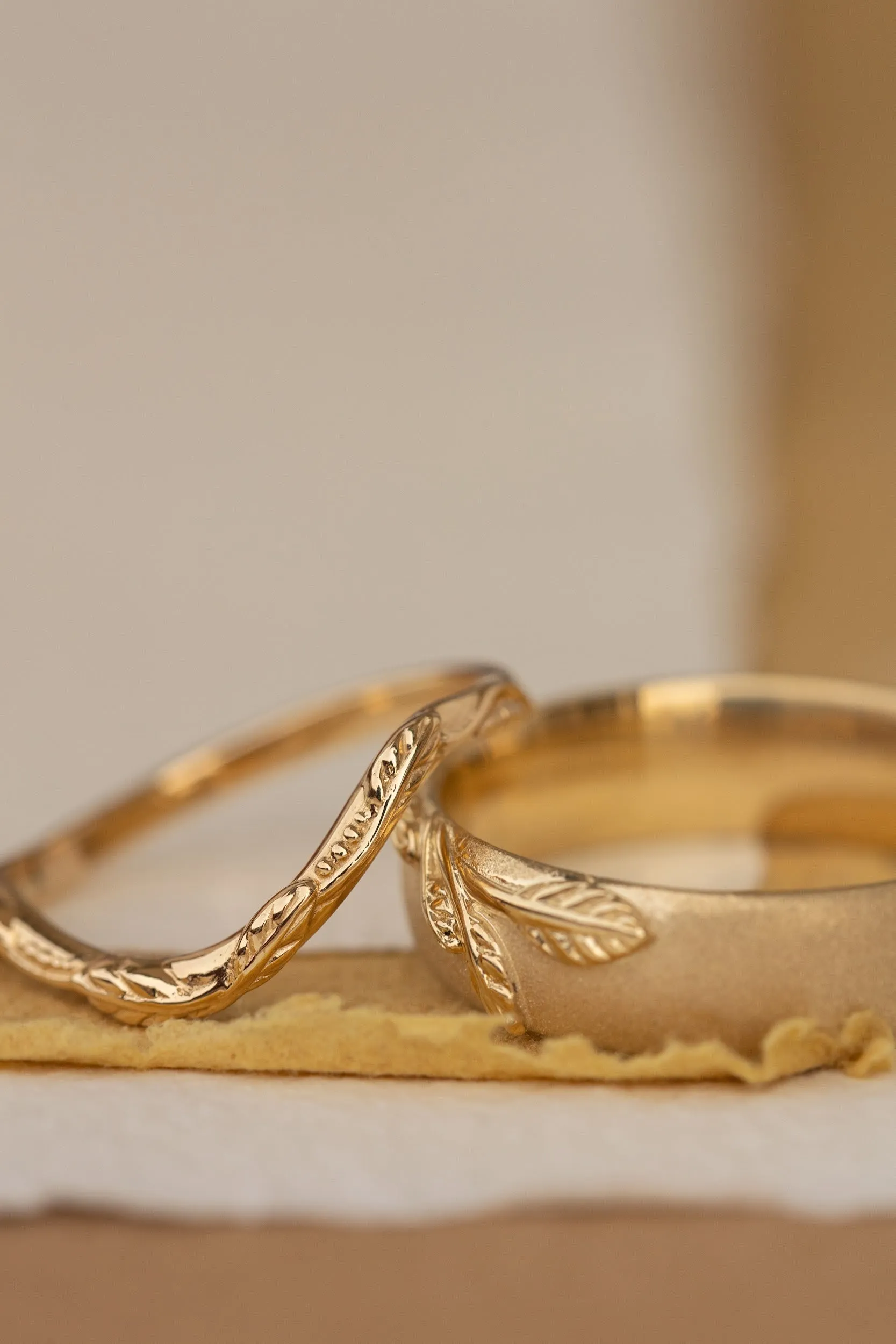 Wedding rings set for couples: satin band with branch for him, simple curved twig ring for her