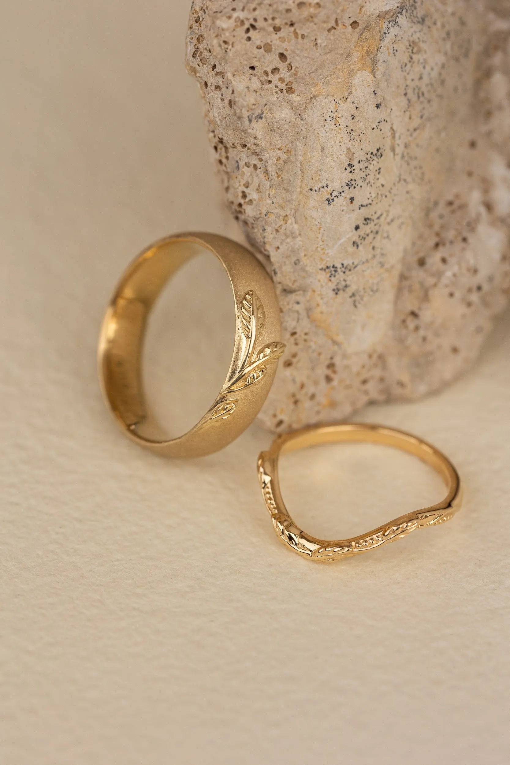 Wedding rings set for couples: satin band with branch for him, simple curved twig ring for her