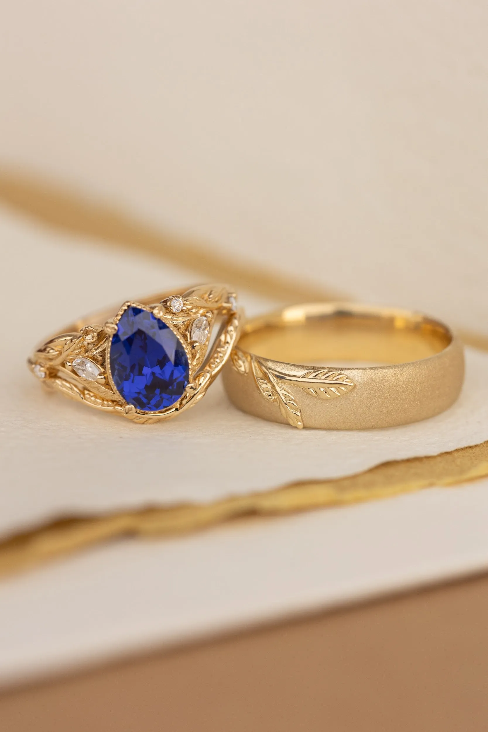 Wedding rings set for couples: satin band with branch for him, simple curved twig ring for her