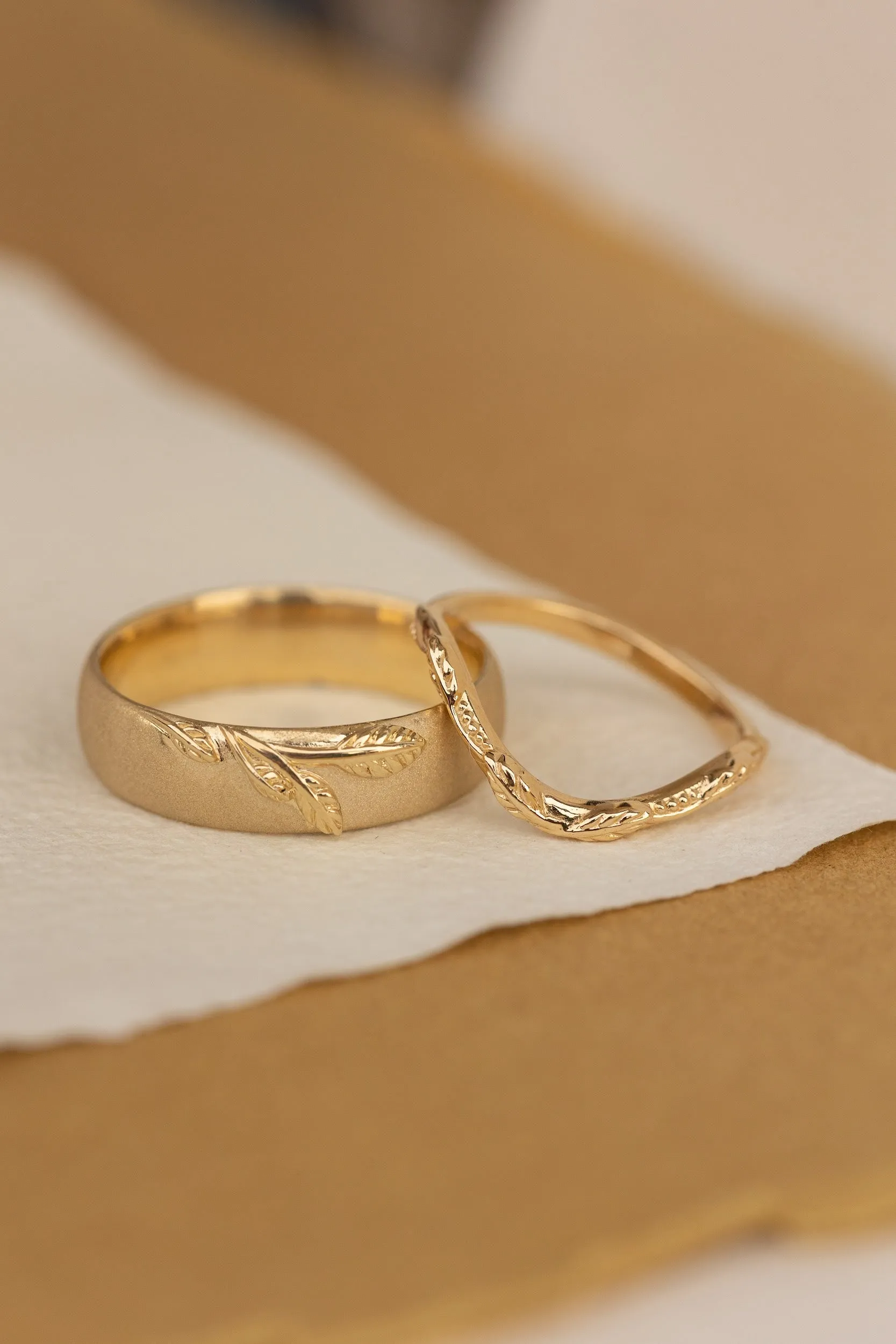 Wedding rings set for couples: satin band with branch for him, simple curved twig ring for her