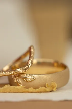 Wedding rings set for couples: satin band with branch for him, simple curved twig ring for her